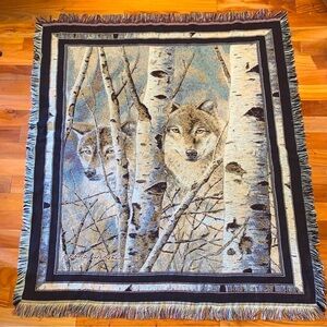Vintage Woven Large Wolf Blanket Afghan Mohawk Home Throw Tapestry